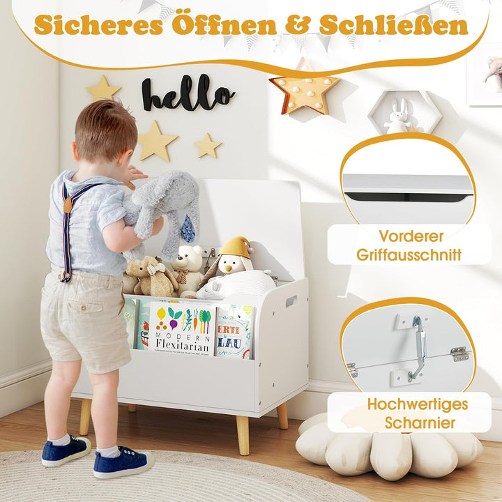 COSTWAY Spielzeugtruhe mit Deckel, 2 in 1 Spielzeugkiste aus Holz mit Bücherregal, Sitztruhe mit Sta