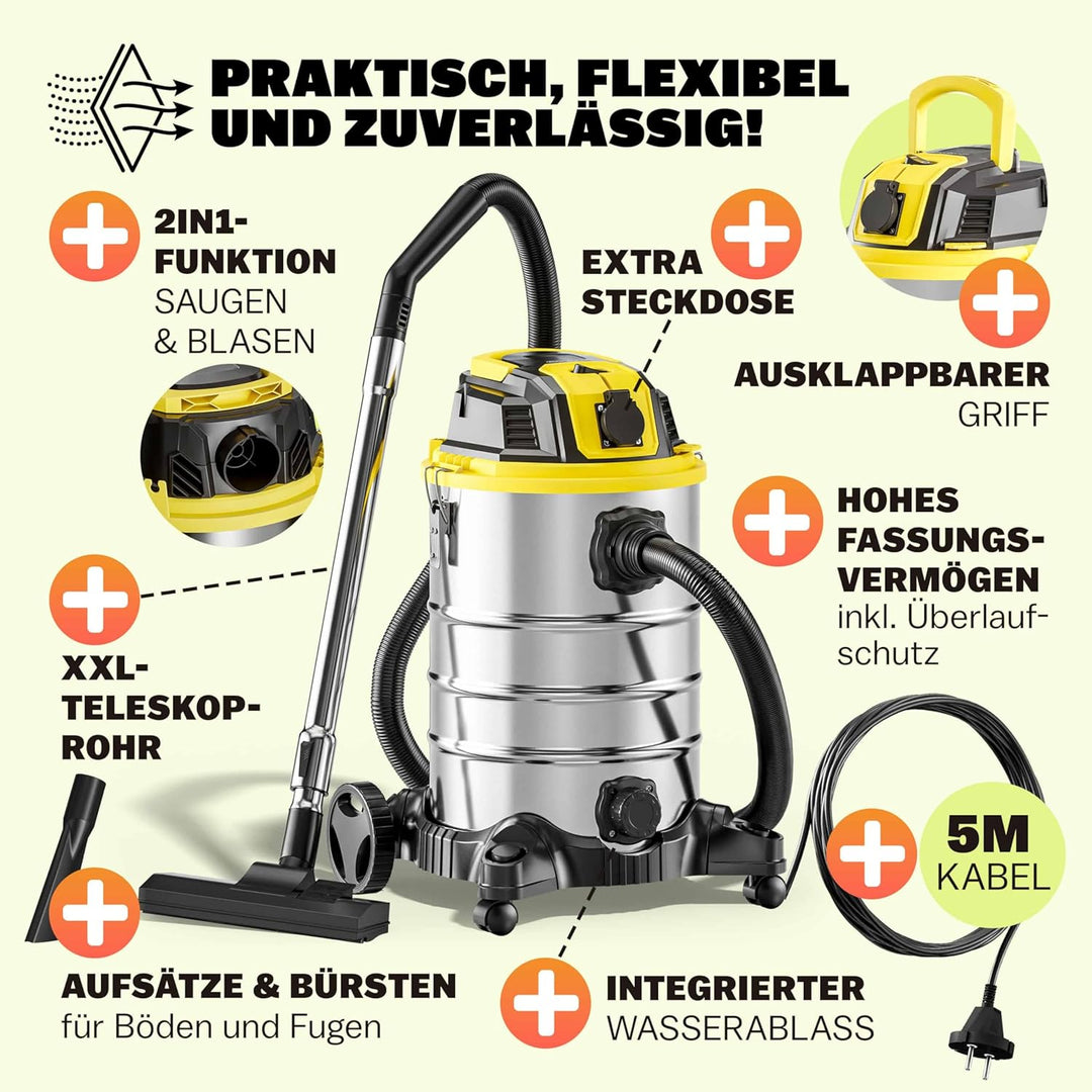 Monzana® Nass Trockensauger 30L 1200W + 1000W Steckdose GS-Zertifiziert 9m Bewegungsradius Blasfunkt