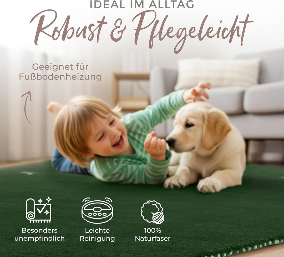 carpetfine Wollteppich Gabbeh Uni Grün 60x90 cm | Moderner Teppich für Wohn- und Schlafzimmer 60x90