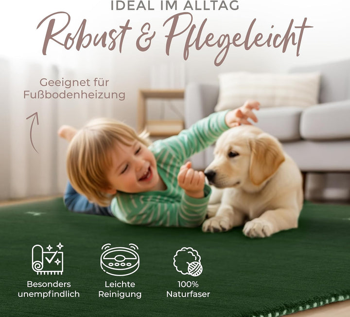 carpetfine Wollteppich Gabbeh Uni Grün 60x90 cm | Moderner Teppich für Wohn- und Schlafzimmer 60x90