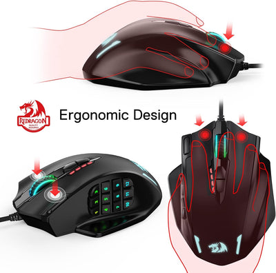 Redragon M908 Impact RGB LED MMO Maus USB Laser Gaming Maus mit 12400dpi, Hohe Präzision, 20 program