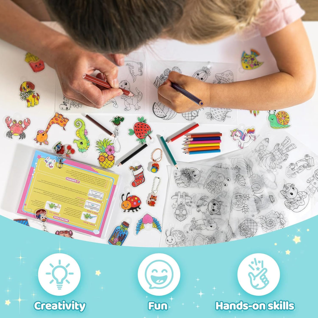 Funtopia Schrumpffolie Bastelset für Kinder, 75 Vorgeschnittene Designs in 12 Themen, mit Schlüssela