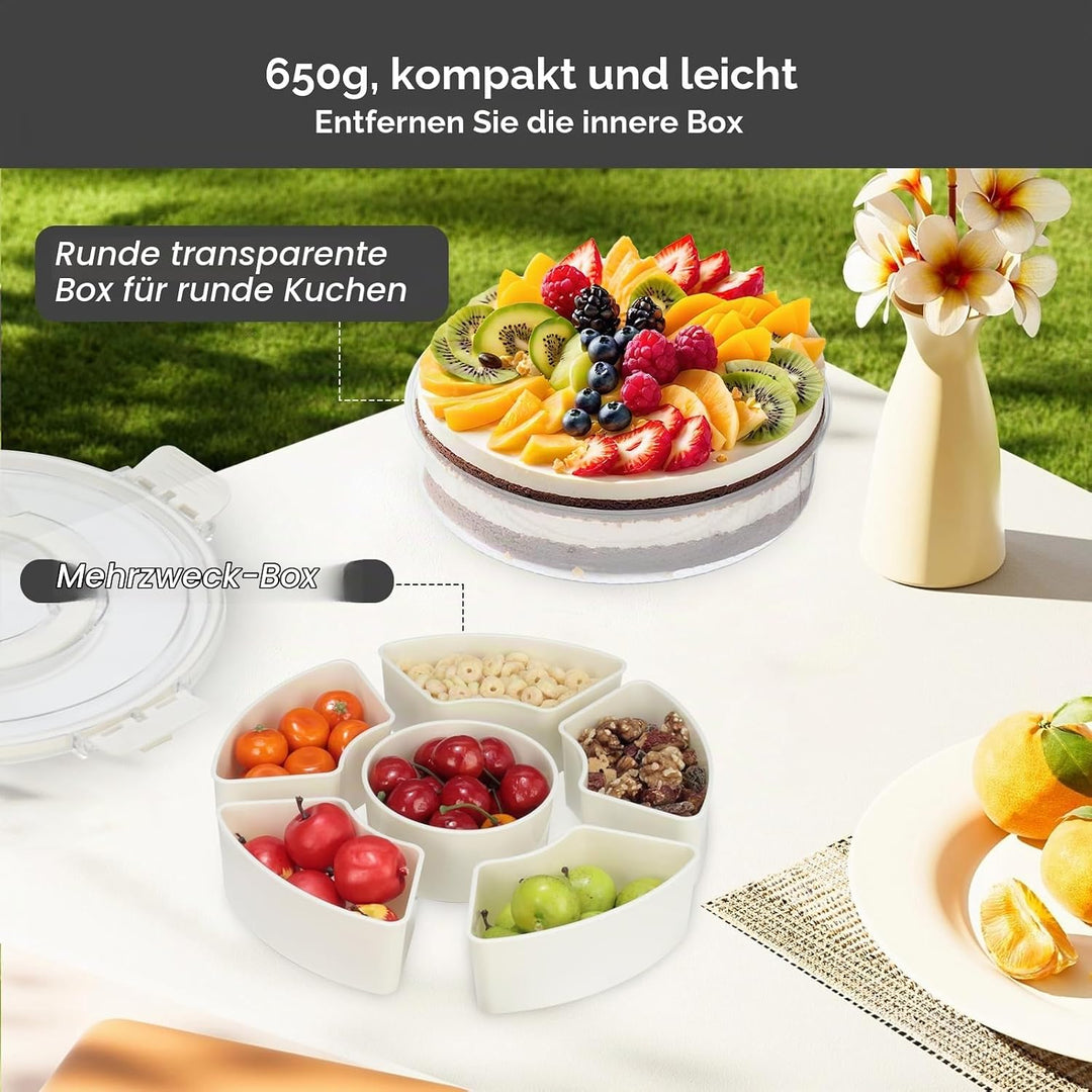 Cozary Rundes Snackbox Snackteller 27cm mit 6 Fächern und 360° Drehteller mit Deckel, PET+PP, ideal