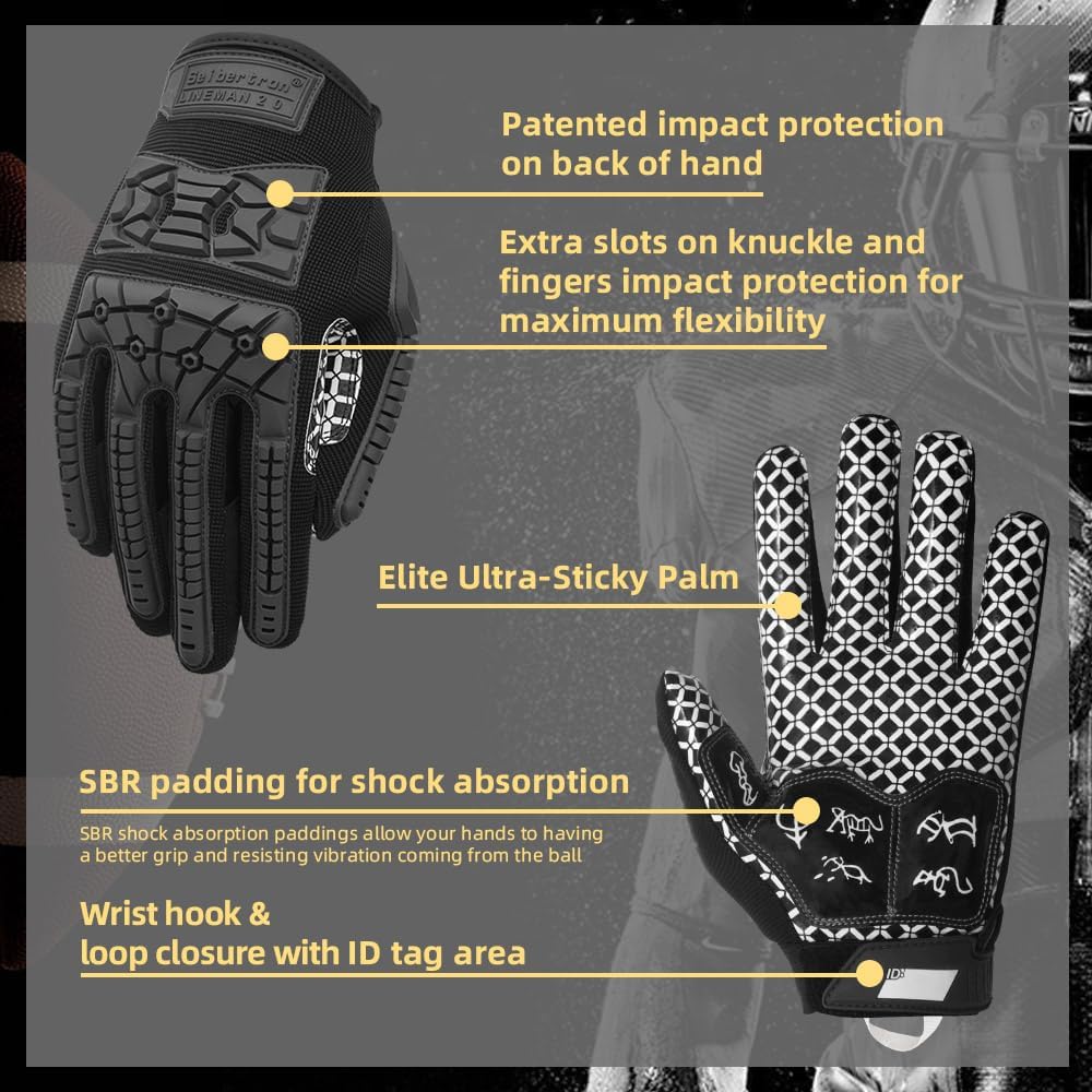 Seibertron Lineman 2.0 Padded Palm Football Receiver Gloves, Flexible TPR Impact Protection Back of