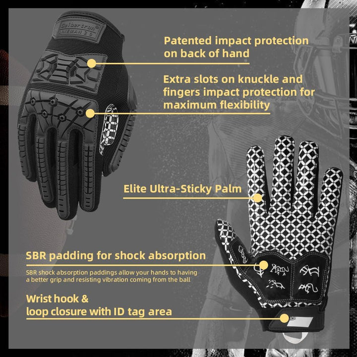 Seibertron Lineman 2.0 Padded Palm Football Receiver Gloves, Flexible TPR Impact Protection Back of