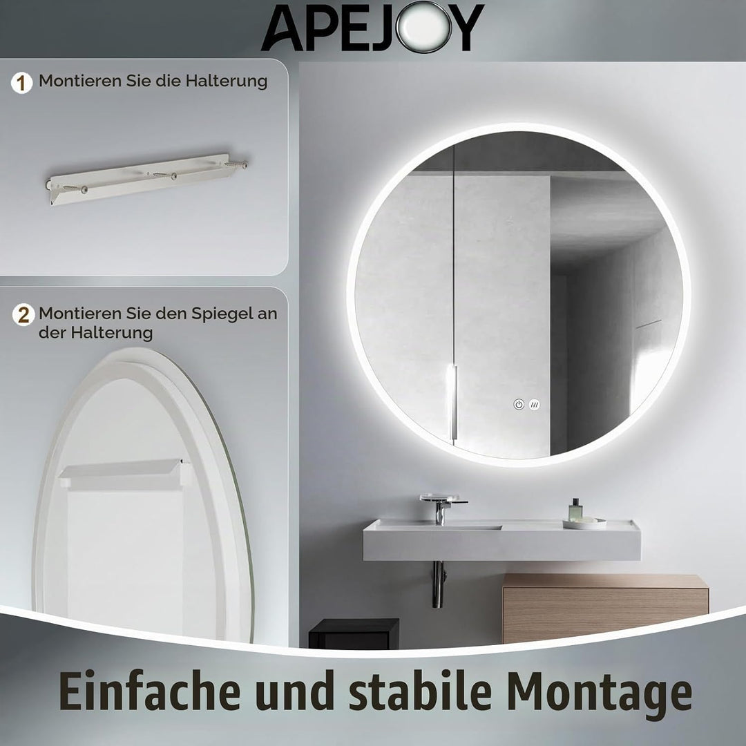 Badspiegel mit Beleuchtung Rund 80cm, Spiegel Runder mit Licht und mit Antibeschlag, Badezimmerspieg