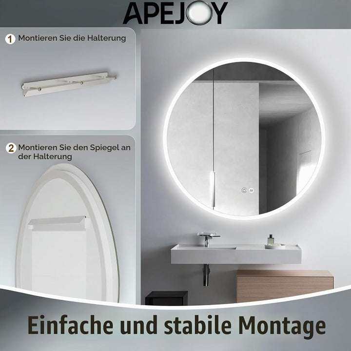 Badspiegel mit Beleuchtung Rund 80cm, Spiegel Runder mit Licht und mit Antibeschlag, Badezimmerspieg