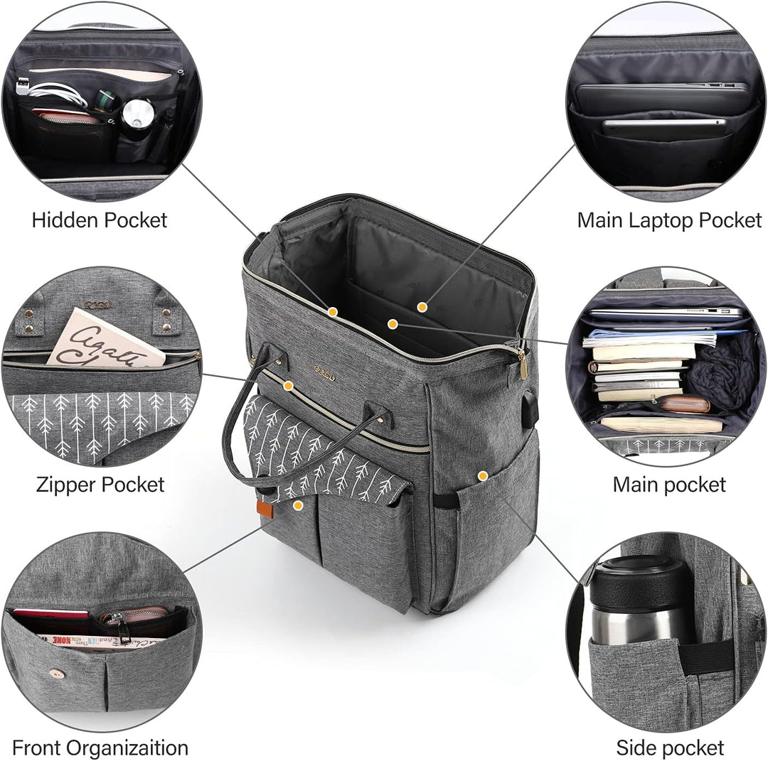 Rucksack Damen, Schulrucksack mit USB-Ladeanschluss, 15,6 Zoll Laptop Arbeits Rucksack, lässiger Tag