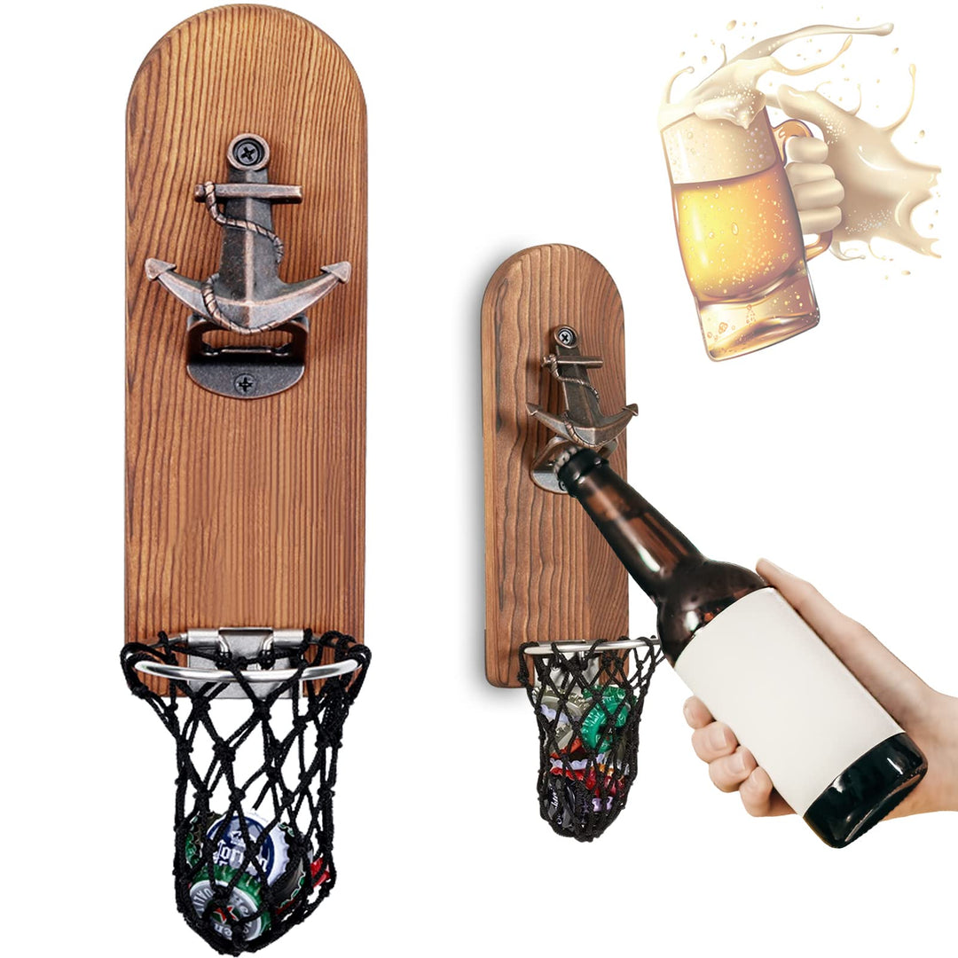 ZONSUSE Flaschenöffner Wand Magnet mit Auffangbehälter,Vintage Holz Bieröffner Wand mit Behälter,Mag
