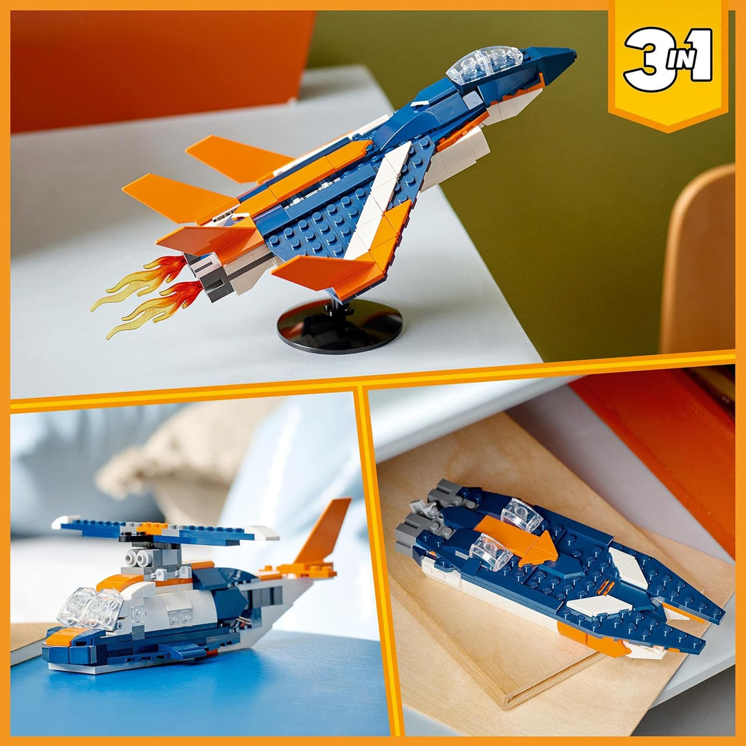 LEGO 31126 Creator 3-in-1 Überschalljet, Flugzeug, Hubschrauber und Boot, 3 Modelle zum Bauen, Spiel