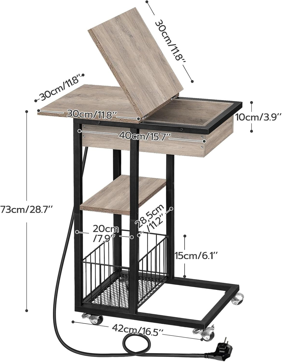 HOOBRO Beistelltisch mit Ladestation, Flip C-Form Sofatisch, Couchtisch mit Rädern und Ablagefläche,
