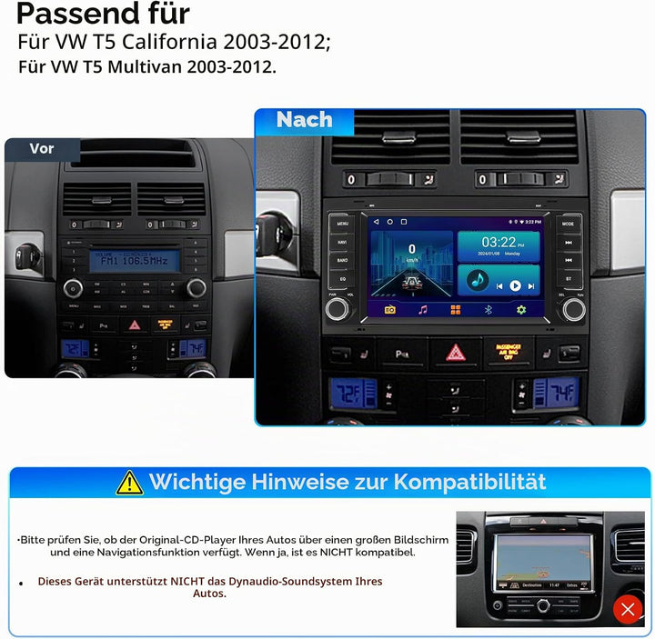 Autoradio für VW T5 California/Multivan 2003-2012, 7-Zoll-Radio-Stereoanlage 2G+32G Head Unit mit Wi