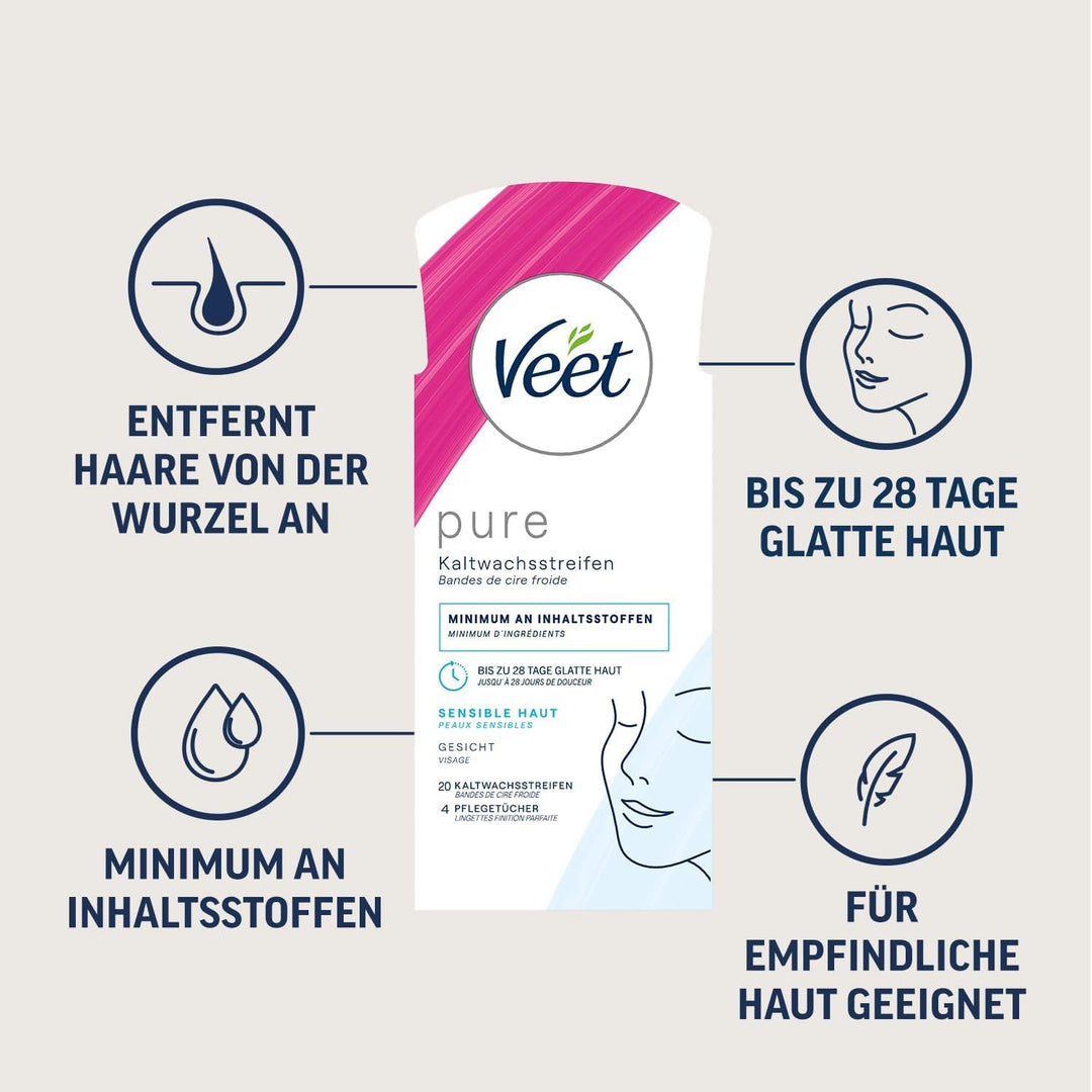 Veet Kaltwachsstreifen Vorteilsset mit Easy-Gelwax Technology – Für das Gesicht – Geeignet für sensi