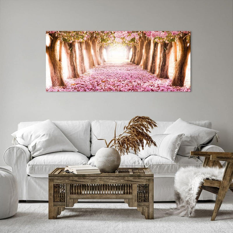 Wandbilder Dekoration Wohnzimmer Baum Blumen Kirsche Natur Panorama Bilder auf Leinwand 120x50cm Lei