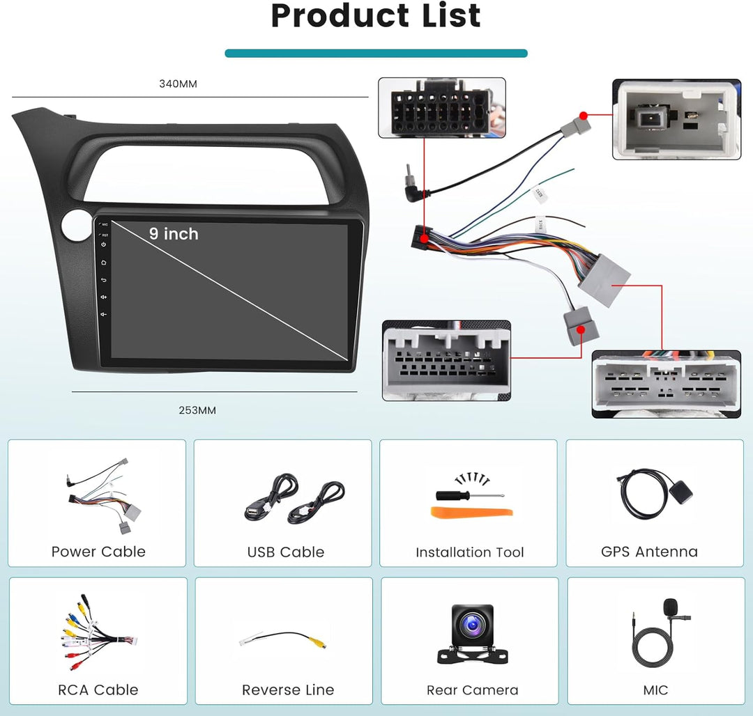 Hikity 2+64G Car Radio 2 DIN Navigation System for Honda Civic VIII 2006-2011 Wireless Carplay Andro