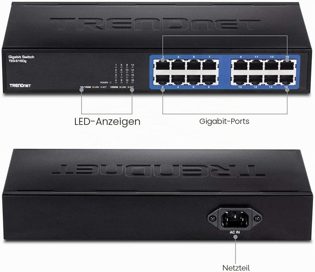 TRENDnet TEG-S16DG 16-Port Unverwalteter Gigabit GREENnet Desktop Metall Switch, Lüfterlos, 16x RJ-4
