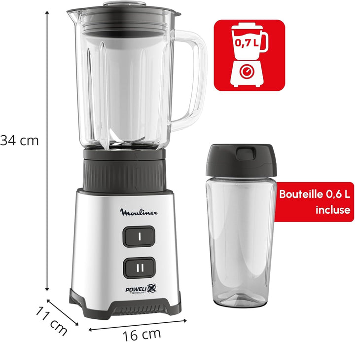 Moulinex Pulseo LM17GD Standmixer 400 W, 4 Klingen 700 ml und 600 ml tragbarer Behälter, 2 Geschwind