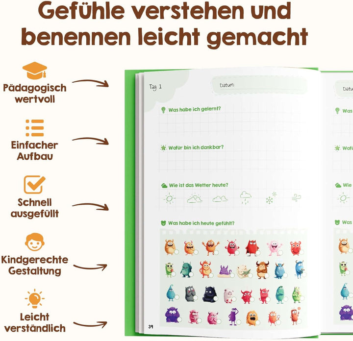 Edubini Gefühlstagebuch Kinder [6-12 Jahre] - Tagebuch Mädchen & Jungs - Gefühle Buch für Umgang mit