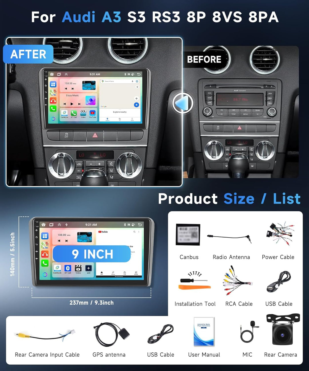 Rimoody 8 Core 6+128G Wireless Carplay Android Autoradio für Audi A3 S3 RS3 8P 8VS 8PA 2003-2012 9 Z
