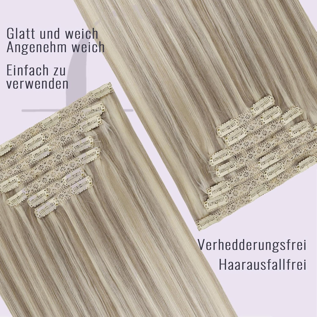 Fshine Echthaar Extensions Clip 35cm 120g Aschblondes Highlight mit Bleichblond Clip in Extensions E