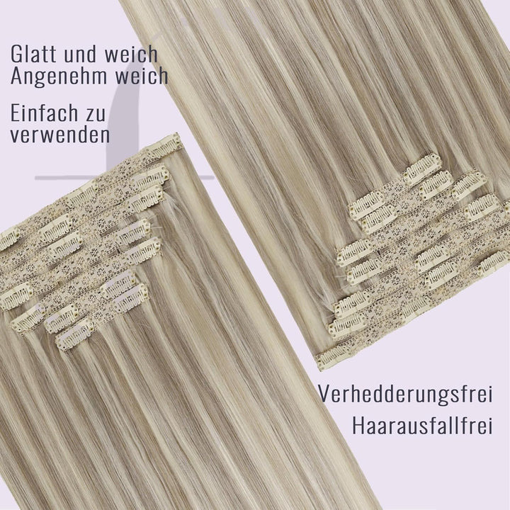 Fshine Echthaar Extensions Clip 35cm 120g Aschblondes Highlight mit Bleichblond Clip in Extensions E
