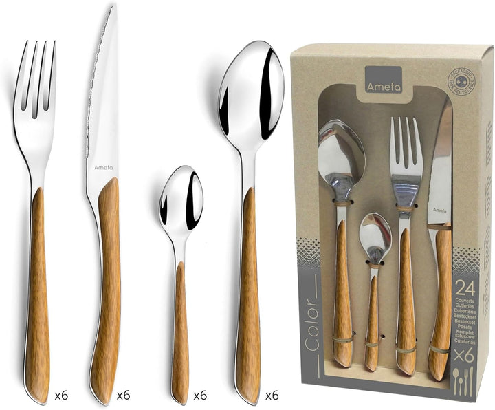 Amefa ECLAT Nature Besteckset, 24-teilig, Besteck Set für 6 Personen, braune Holz-Griffe, Spülmaschi