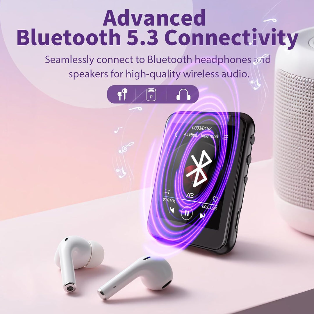 64 GB MP3-Player mit Bluetooth 5.3, QNGEE 2,4-Zoll-Full-Touchscreen-Musik-MP3 für Kinder, FM-Radio,