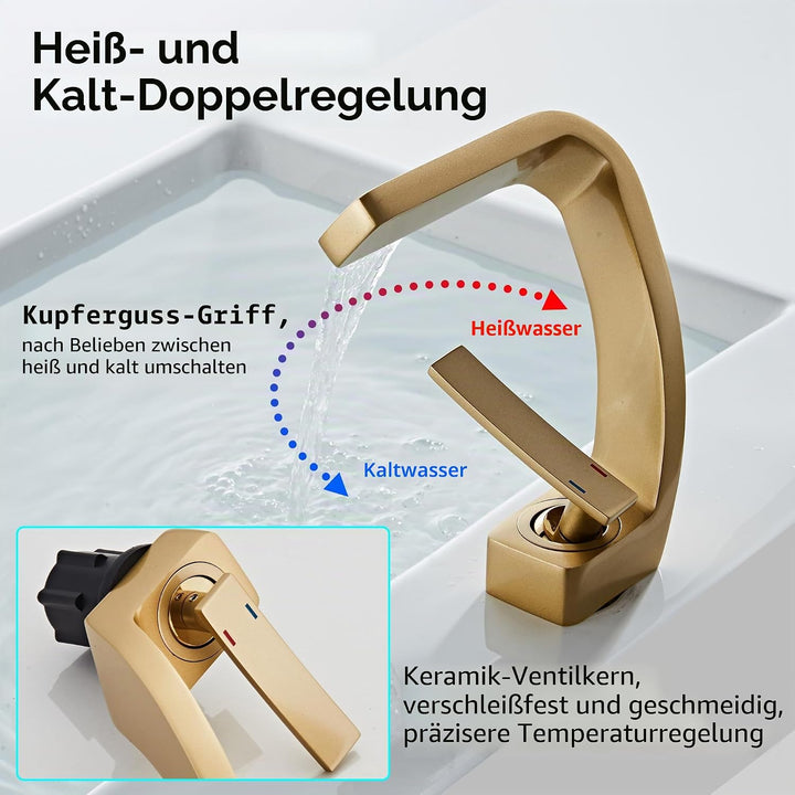 MocArt 2239 Wasserfall Wasserhahn, Badezimmer-Mischhähne, Hotelbecken-Kupferhahn, Keramikventilkern,
