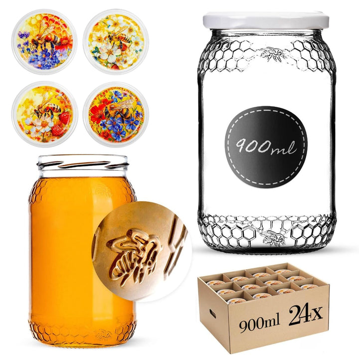 KADAX 24er Set Einmachgläser 900ml TO82 Bunte Biene, Grosse Sturzgläser mit Schraubdeckel, Einkochgl