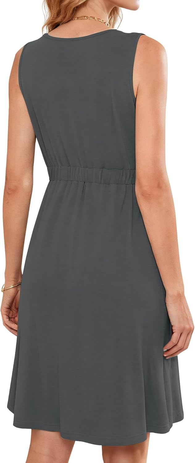AUSELILY Sommerkleid Damen Ärmellos V-Ausschnitt Minikeid Casual Button Down Strandkleid mit Taschen