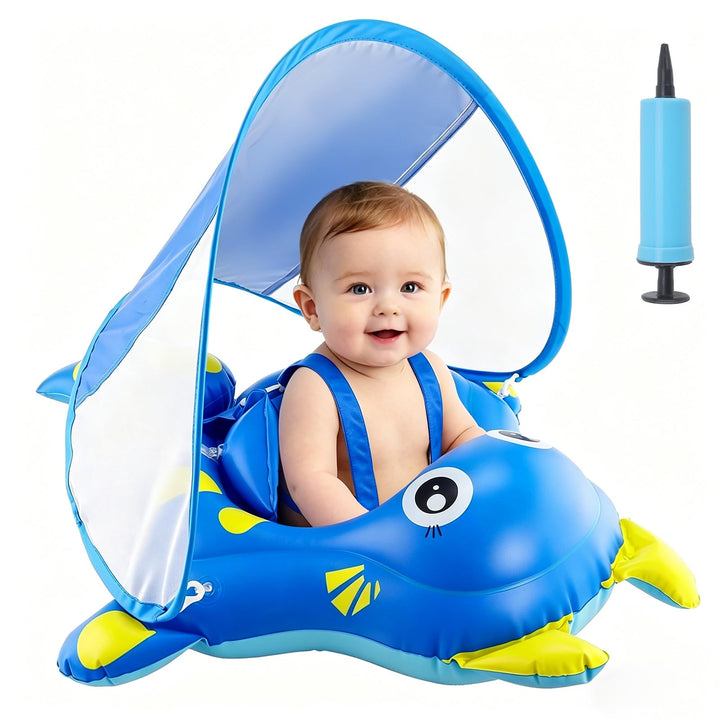 Schwimmring Baby mit Sonnendach Schwimmhilfe mit Sitz Abnehmbares Dach Stabile Form Rochen Design fü
