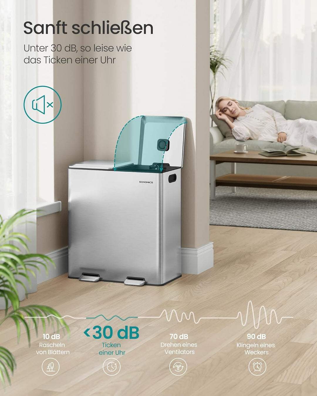 SONGMICS Mülleimer Küche, 2 x 30 L, 2 Fächer, Mülltrennsystem, Softclose, herausnehmbare Inneneimer,