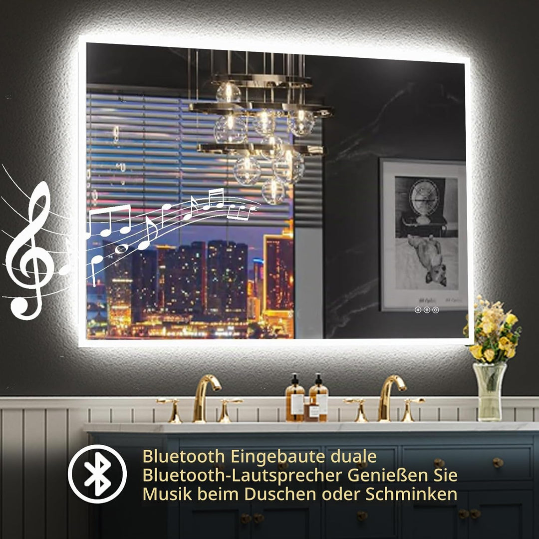 100x70cm LED Spiegel Bad Mit Bluetooth, Badezimmerspiegel Mit Licht, Badspiegel Badezimmer mit Defog