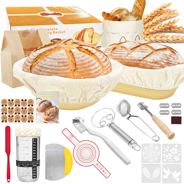 Sauerteig Starter Set, 16-teilig Gärkorb Brot Set, Brot Backen Zubehör, Gärkörbchen Oval und Rund 25