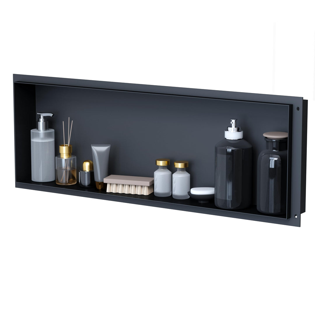 VILSTEIN Wandnische Dusche 30x90 cm - ROSTFREI - Randlose Duschnische - Schwarz - Einbauregal für Du