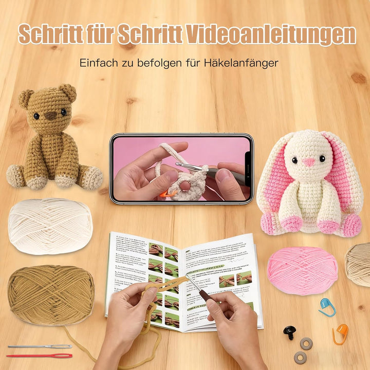 Jinfanshurich Häkelset für Anfänger, Komplettes Crochet Set mit Videoanleitung, Einfaches DIY Häkelt
