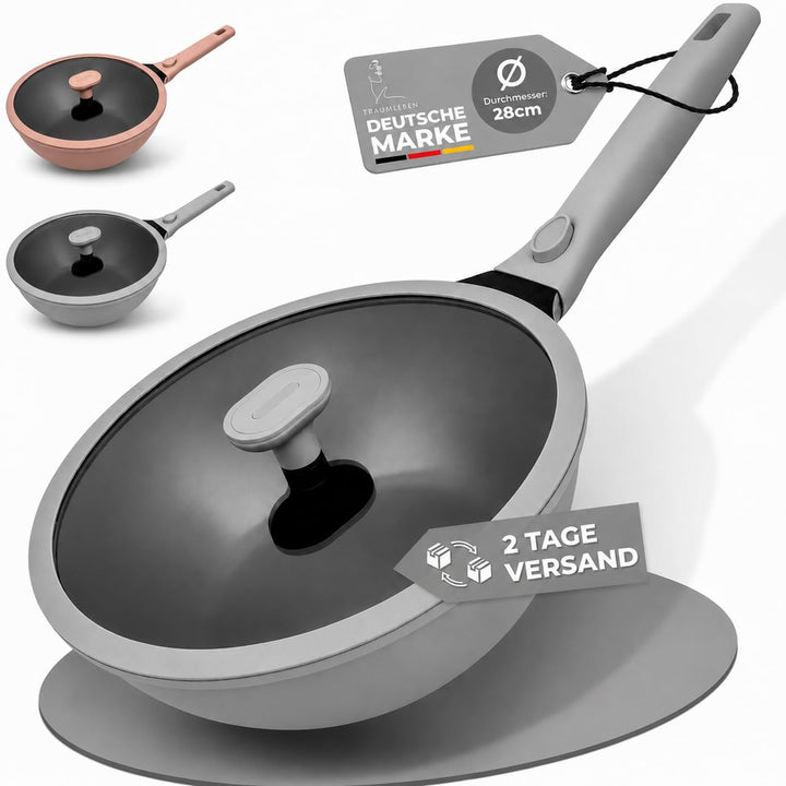 Wokpfanne mit Deckel 28 cm [abnehmbaren Griffe &amp; Antihaftbeschichtung] PFOA-frei, für Induktion geei