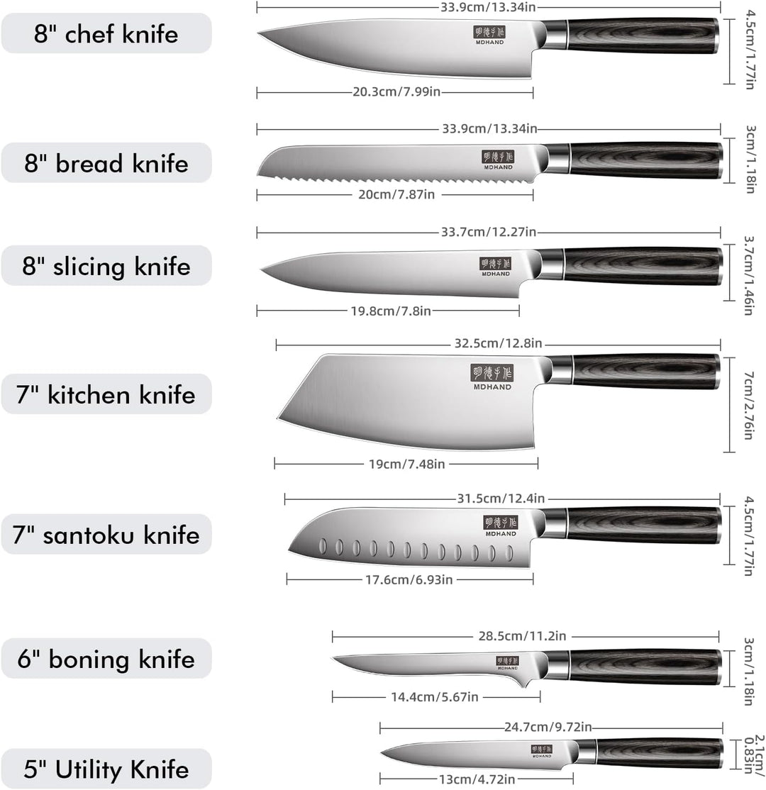 MDHAND 7-teilig Küchenmesser Set, Messerset aus hochwertigem Edelstahl, Profi Kochmesser mit Scharfe
