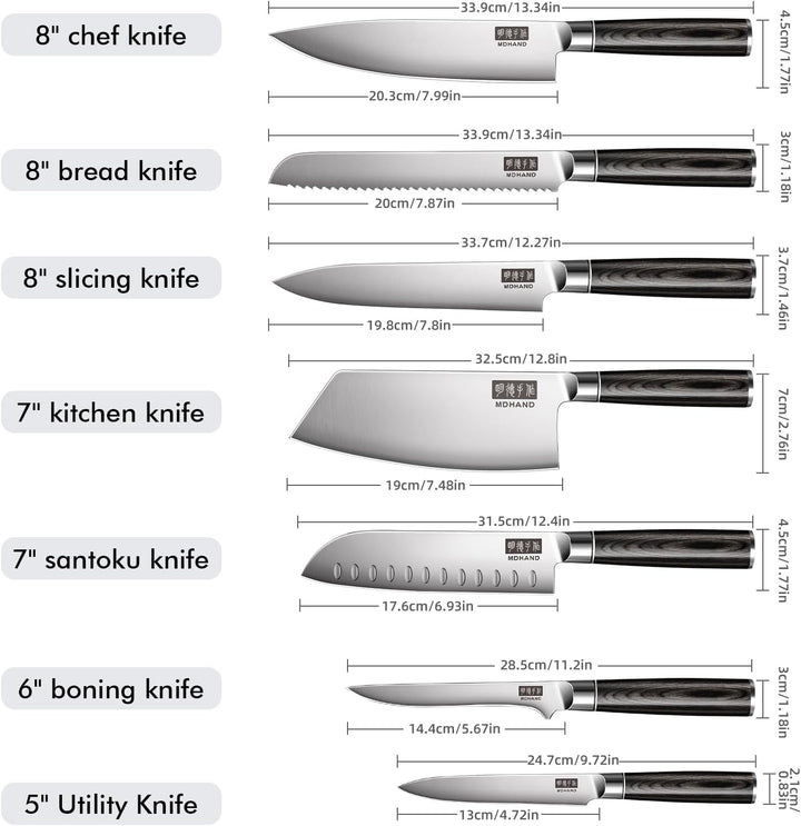 MDHAND 7-teilig Küchenmesser Set, Messerset aus hochwertigem Edelstahl, Profi Kochmesser mit Scharfe