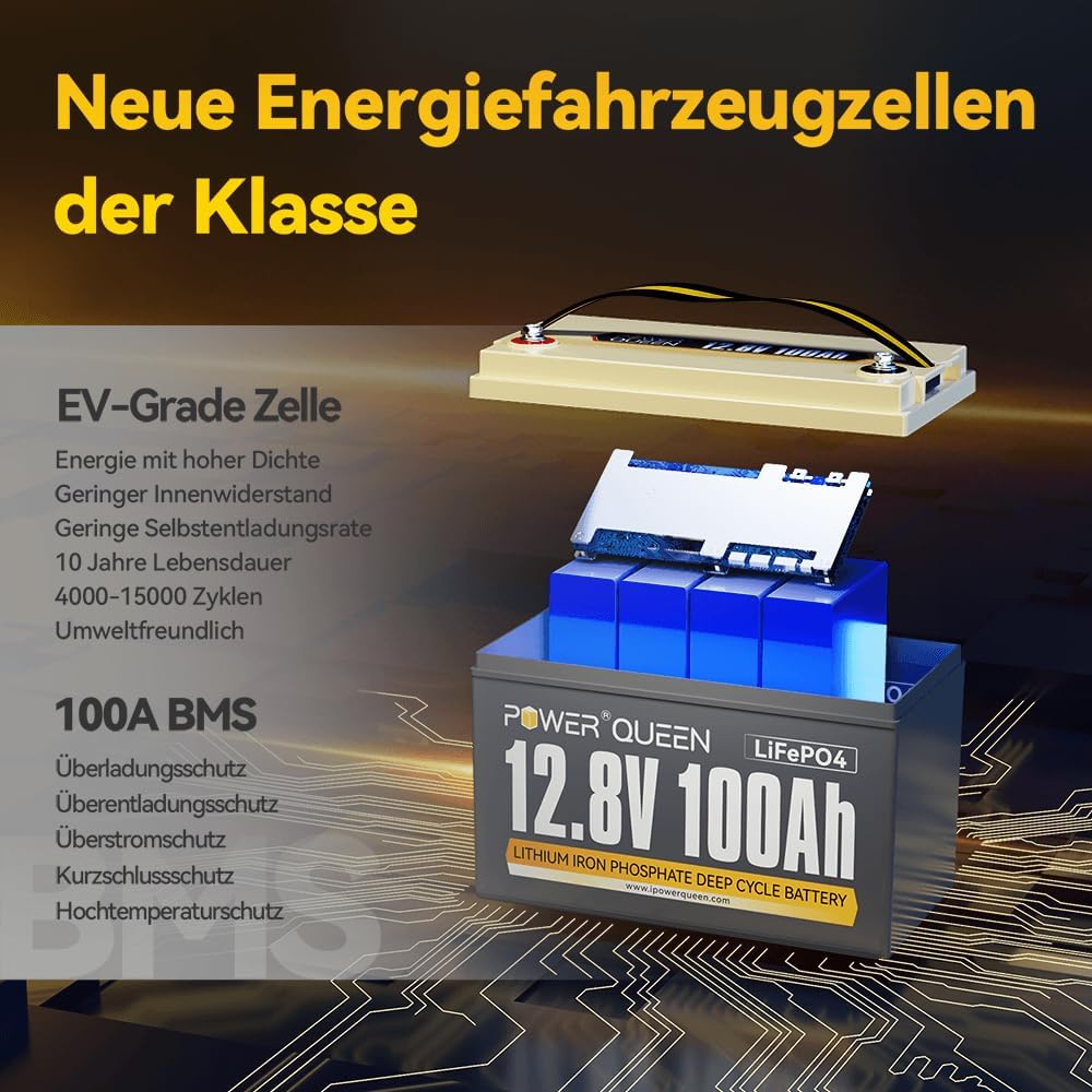 Power Queen 12V 100Ah LiFePO4 Batterie, 1280Wh Lithium Batterie mit 100A BMS, Max.15000+ tiefe Zyklu