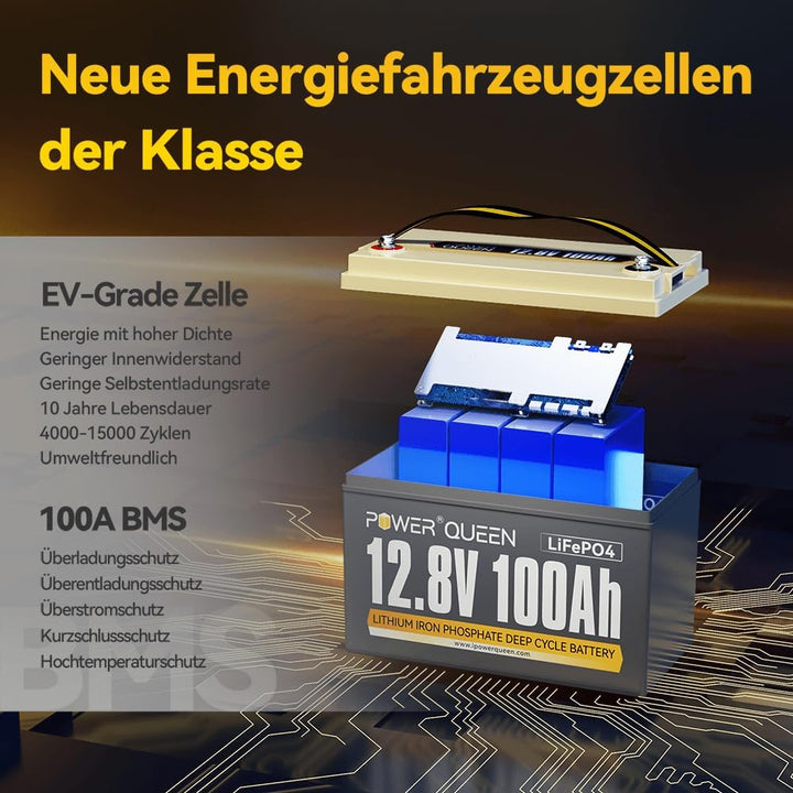 Power Queen 12V 100Ah LiFePO4 Batterie, 1280Wh Lithium Batterie mit 100A BMS, Max.15000+ tiefe Zyklu