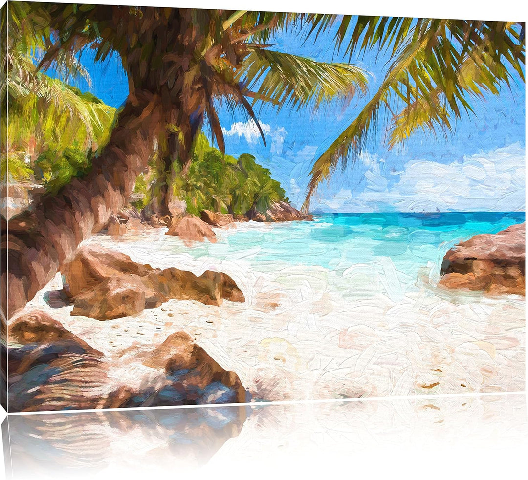 Pixxprint Palmenstrand Seychellen Kunst / 100x70cm Leinwandbild bespannt auf Holzrahmen/Wandbild Kun