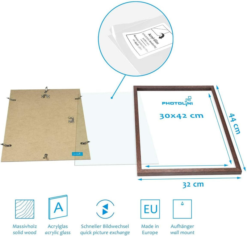 PHOTOLINI 2er Set Holzrahmen Eiche Dunkel 30x42 cm/DIN A3 Massivholz mit Acrylglasscheibe/Poster-Bil