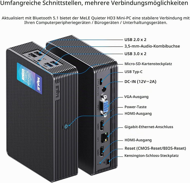 MeLE Mini PC, QuieterHD3 Celeron N5105 16GB 512GB Windows 11 Pro Mikrocomputer, Lüfterloser Kleiner