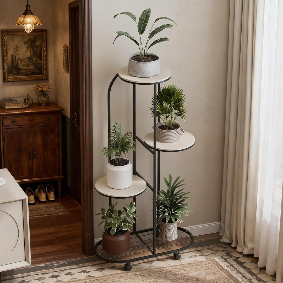 GarveeHome 4-Etagen Rollbarer Pflanzenständer, Höhenverstellbarer Blumenständer mit Rädern, Stabiler