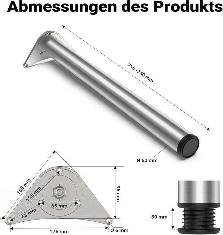 Wiltec Edelstahl Tischbein 4er Set Möbelfuss Verstellbar Ø60mm 710mm Nickel Nickel 710 mm, Nickel 71