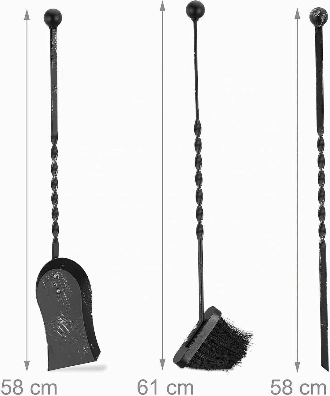Relaxdays Gusseisen, schwarz Kaminbesteck antik, 4-TLG Kamingarnitur mit Schaufel, Besen und Schürha