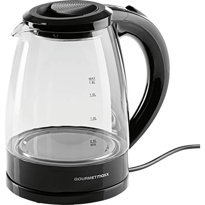 GOURMETmaxx Glas-Wasserkocher 1,8 L mit Blue Vision LED, Schwarz, 1800 W, Kalkfilter, kabellos, auto