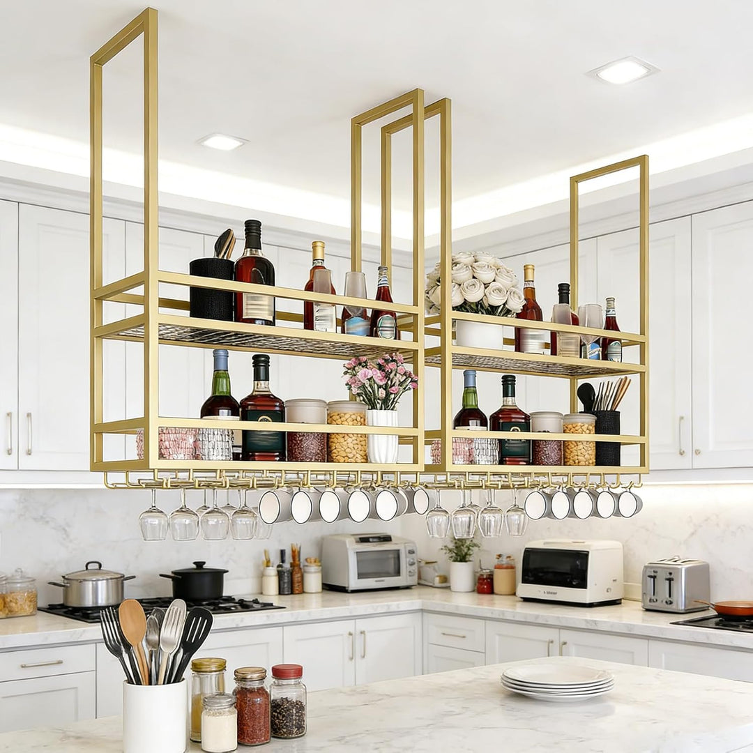 Industrielle Deckenregal Weinregal mit Glashalter, Hängend Metall Weinflaschenhalter, 2 Lagiger Häng