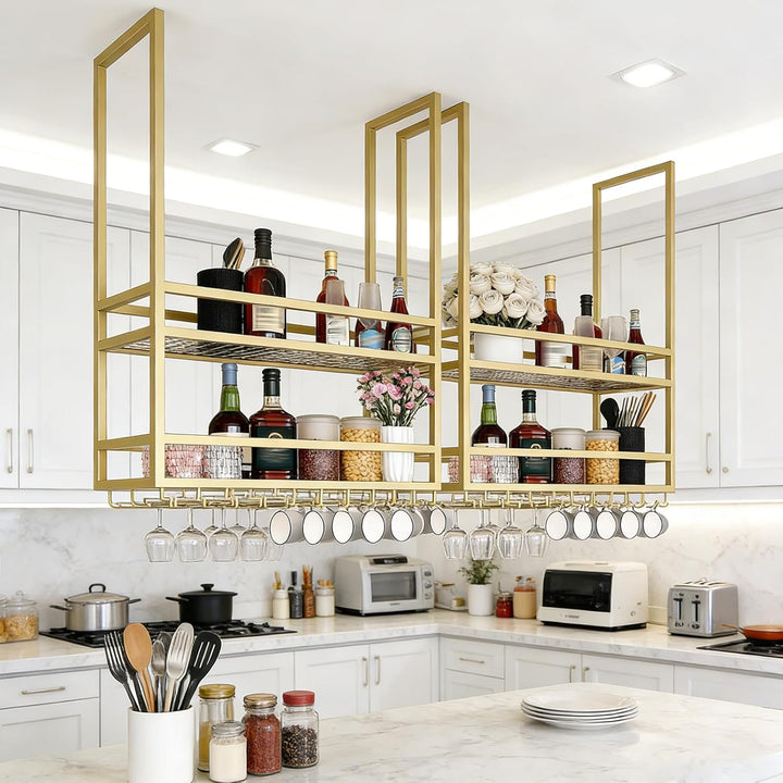 Industrielle Deckenregal Weinregal mit Glashalter, Hängend Metall Weinflaschenhalter, 2 Lagiger Häng